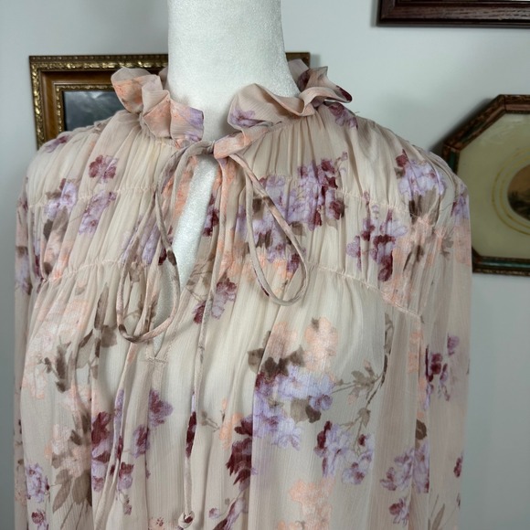 H&M Sheer Pink Floral Maxi Dress - SIZE XS Ruffle Feminine Boho Chiffon Prairie - Picture 4 of 7